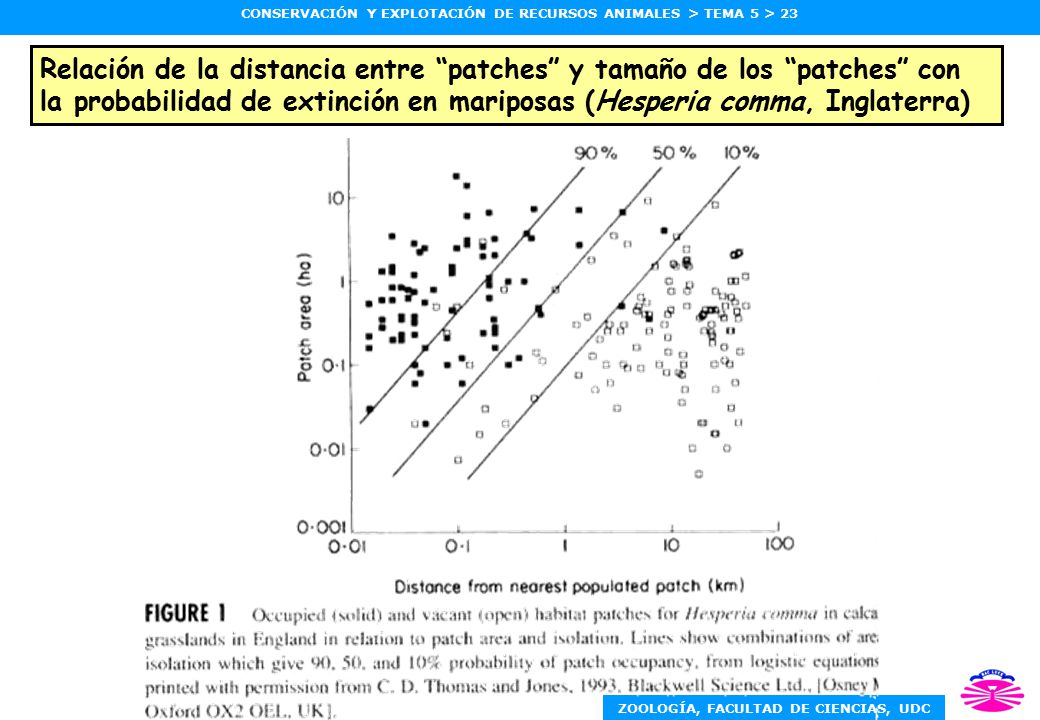 Relación de la distancia entre patches y tamaño de los patches con la probabilidad de extinción en mariposas (Hesperia comma, Inglaterra)
