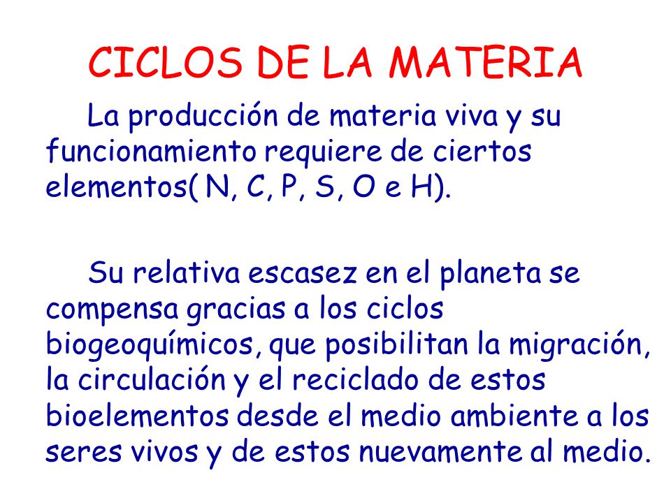 CICLOS DE LA MATERIA La producción de materia viva y su funcionamiento requiere de ciertos elementos( N, C, P, S, O e H).
