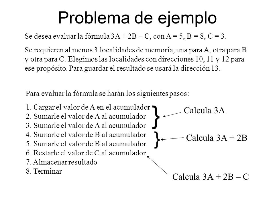 } } Problema de ejemplo Calcula 3A Calcula 3A + 2B Calcula 3A + 2B – C