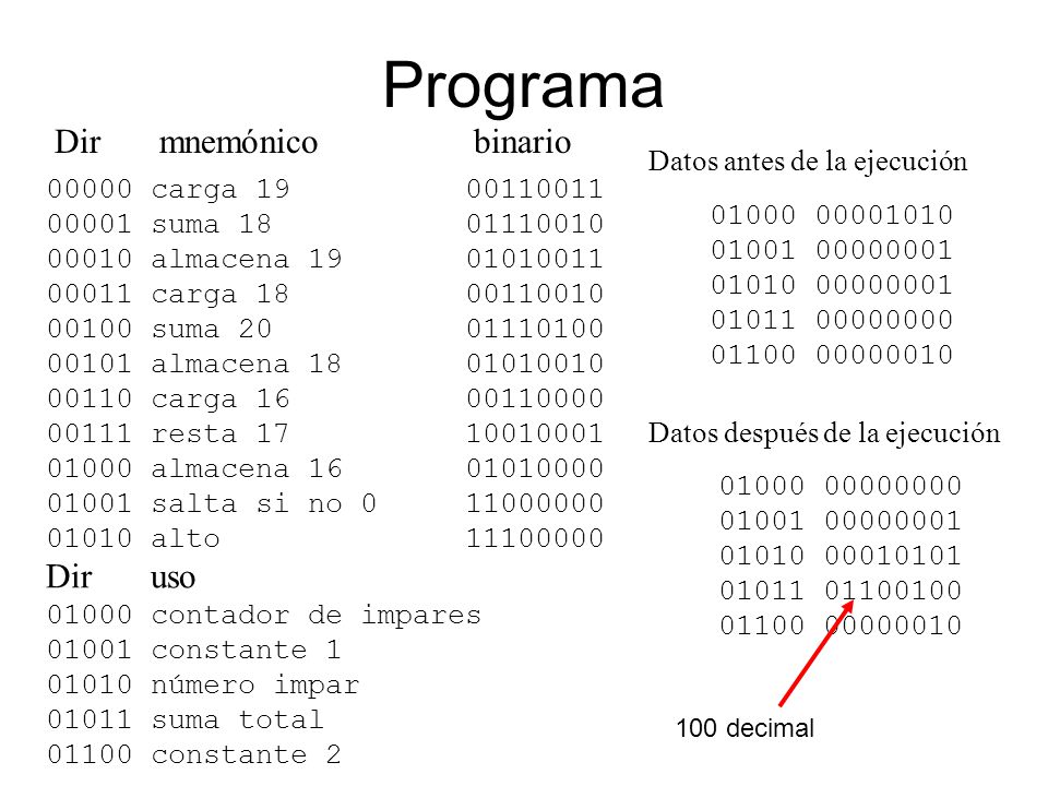 Programa Dir mnemónico binario Dir uso Datos antes de la ejecución