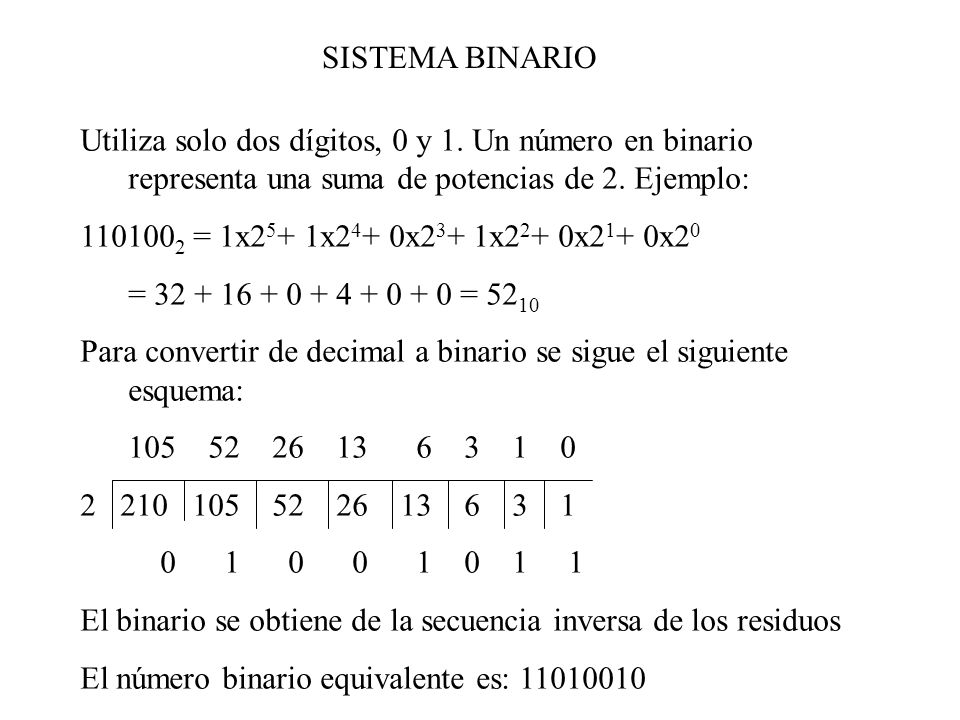 SISTEMA BINARIO Utiliza solo dos dígitos, 0 y 1. Un número en binario representa una suma de potencias de 2. Ejemplo: