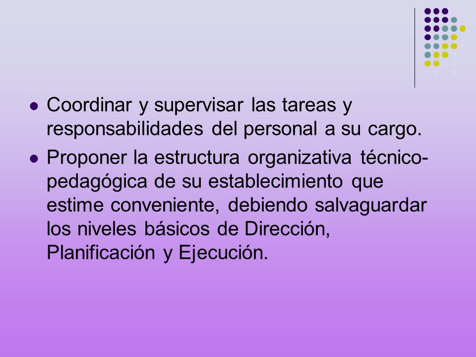 Coordinar y supervisar las tareas y responsabilidades del personal a su cargo.