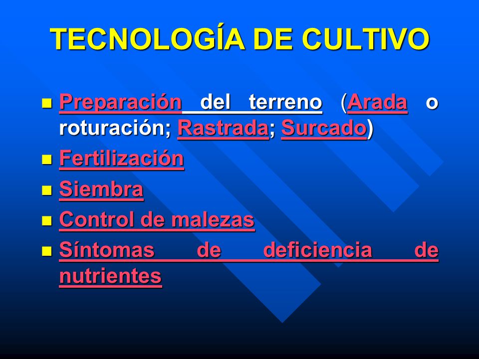 TECNOLOGÍA DE CULTIVO Preparación del terreno (Arada o roturación; Rastrada; Surcado) Fertilización.