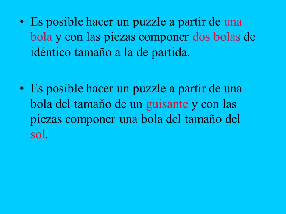 Es posible hacer un puzzle a partir de una bola y con las piezas componer dos bolas de idéntico tamaño a la de partida.