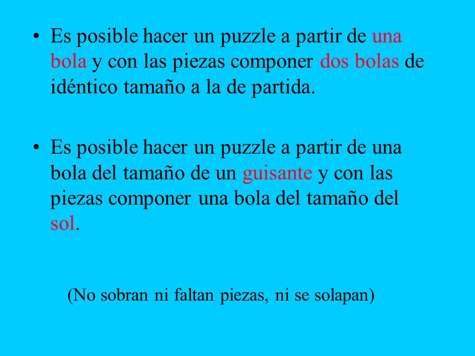 Es posible hacer un puzzle a partir de una bola y con las piezas componer dos bolas de idéntico tamaño a la de partida.