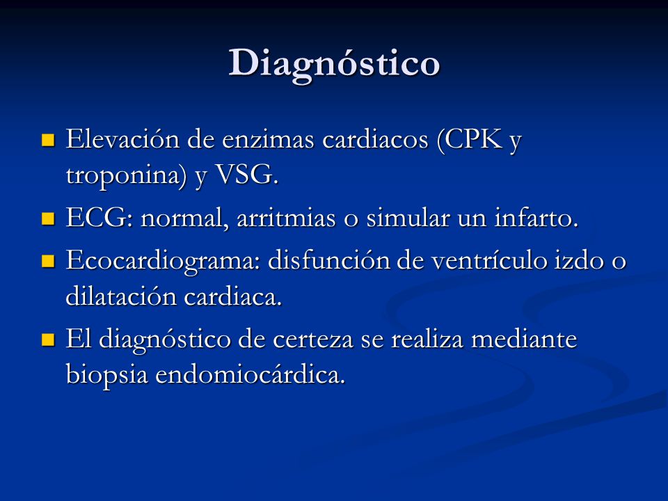 Diagnóstico Elevación de enzimas cardiacos (CPK y troponina) y VSG.