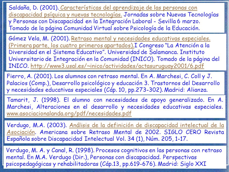 Saldaña, D. (2001). Características del aprendizaje de las personas con discapacidad psíquica y nuevas tecnologías. Jornadas sobre Nuevas Tecnologías y Personas con Discapacidad en la Integración Laboral - Sevilla 6 marzo. Tomado de la página Comunidad Virtual sobre Psicología de la Educación.