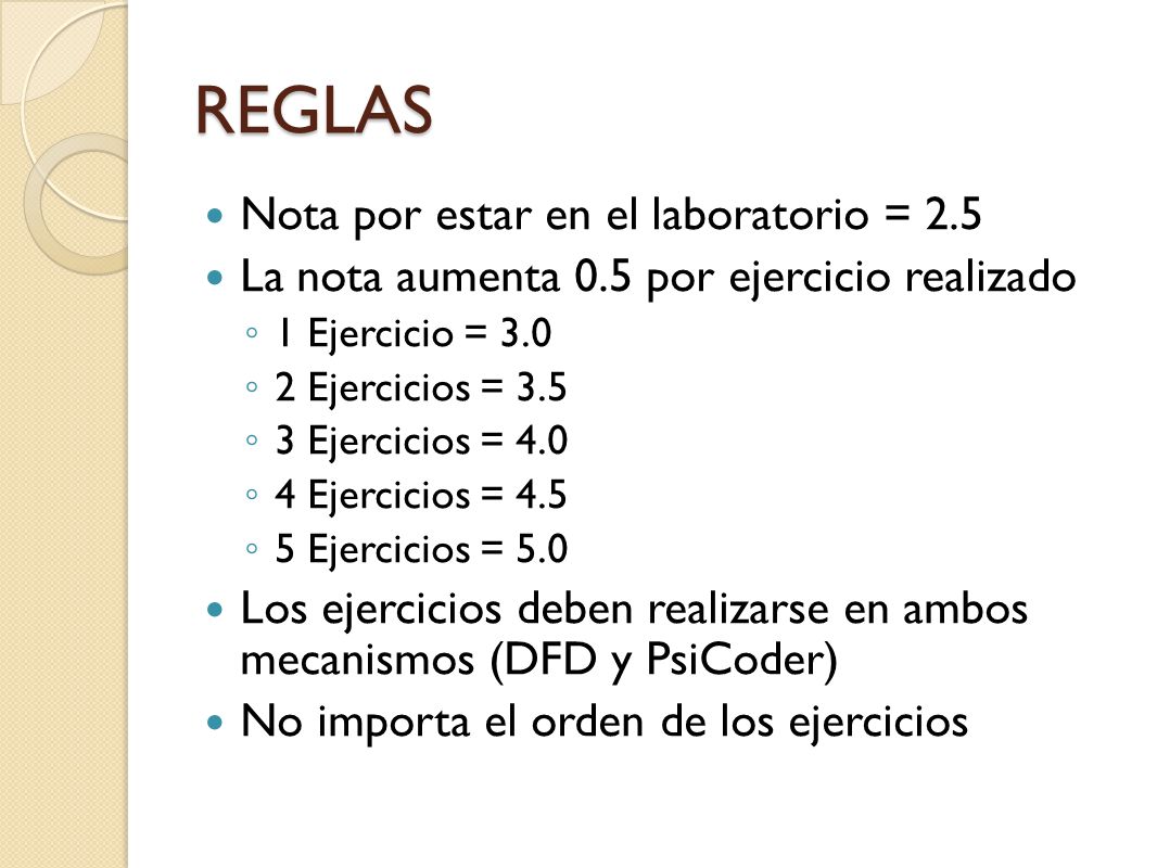 REGLAS Nota por estar en el laboratorio = 2.5