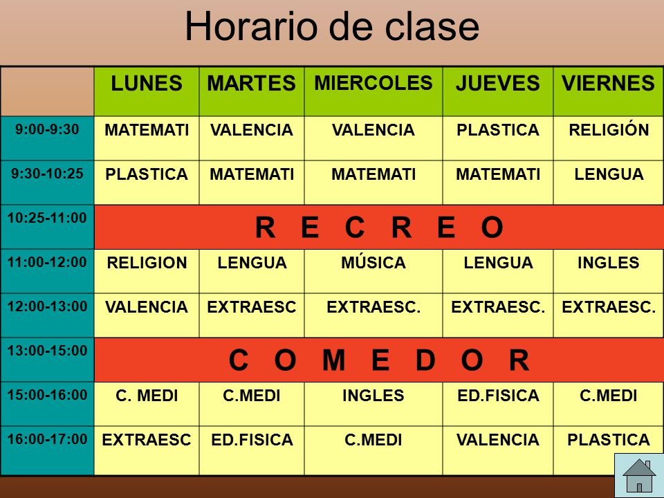 Horario de clase R E C R E O C O M E D O R LUNES MARTES JUEVES VIERNES