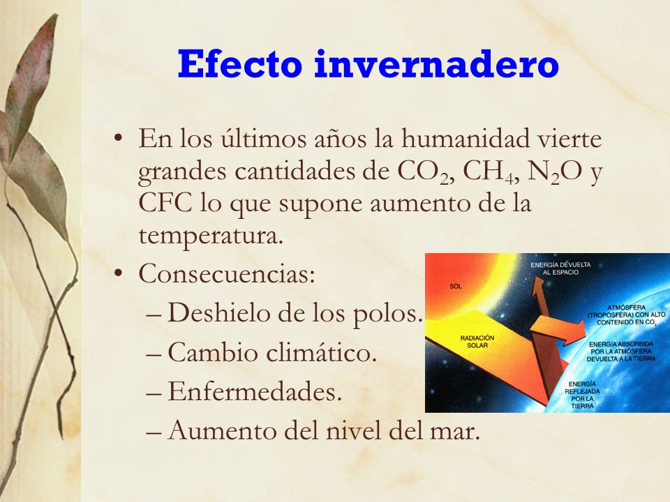 Efecto invernadero En los últimos años la humanidad vierte grandes cantidades de CO2, CH4, N2O y CFC lo que supone aumento de la temperatura.