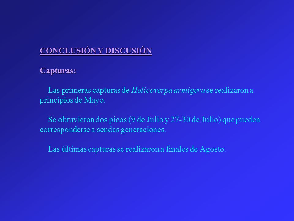 CONCLUSIÓN Y DISCUSIÓN Capturas: Las primeras capturas de Helicoverpa armigera se realizaron a principios de Mayo.