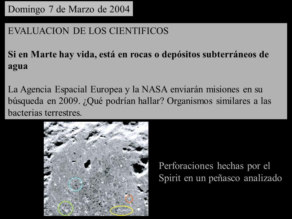 Perforaciones hechas por el Spirit en un peñasco analizado