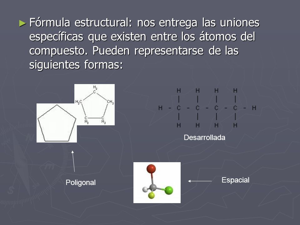 Fórmula estructural: nos entrega las uniones específicas que existen entre los átomos del compuesto. Pueden representarse de las siguientes formas: