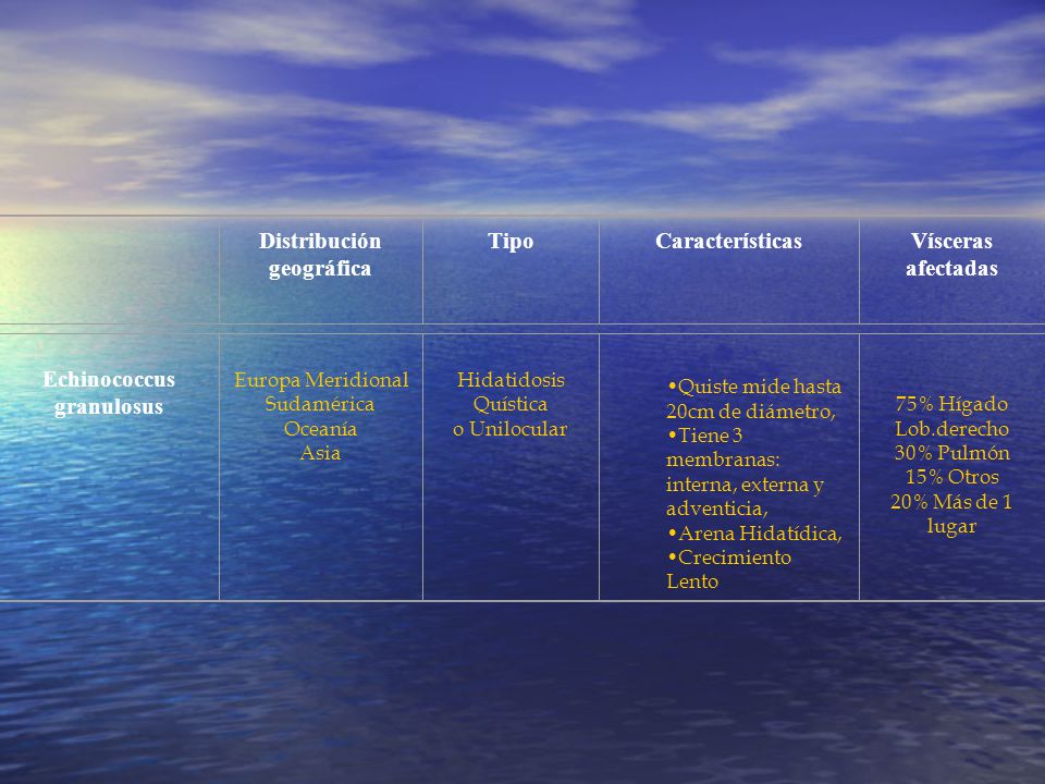Distribución geográfica Tipo Características Vísceras afectadas