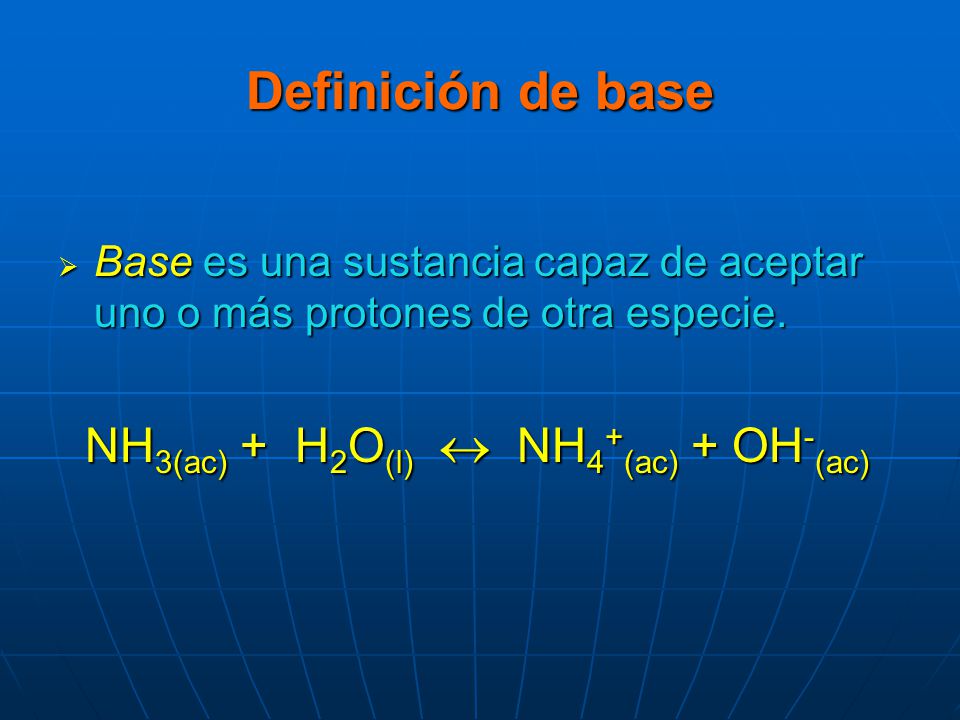 Definición de base NH3(ac) + H2O(l)  NH4+(ac) + OH-(ac)