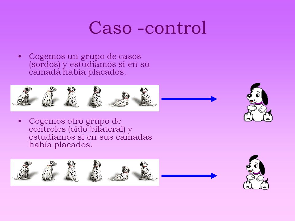 Caso -control Cogemos un grupo de casos (sordos) y estudiamos si en su camada había placados.