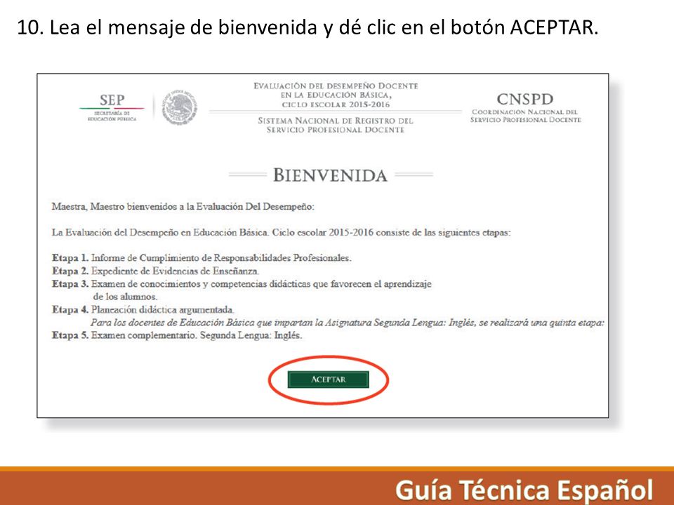 10. Lea el mensaje de bienvenida y dé clic en el botón ACEPTAR.