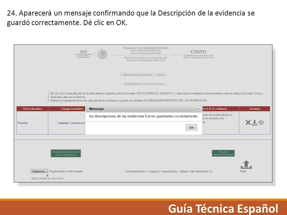 24. Aparecerá un mensaje confirmando que la Descripción de la evidencia se guardó correctamente. Dé clic en OK.