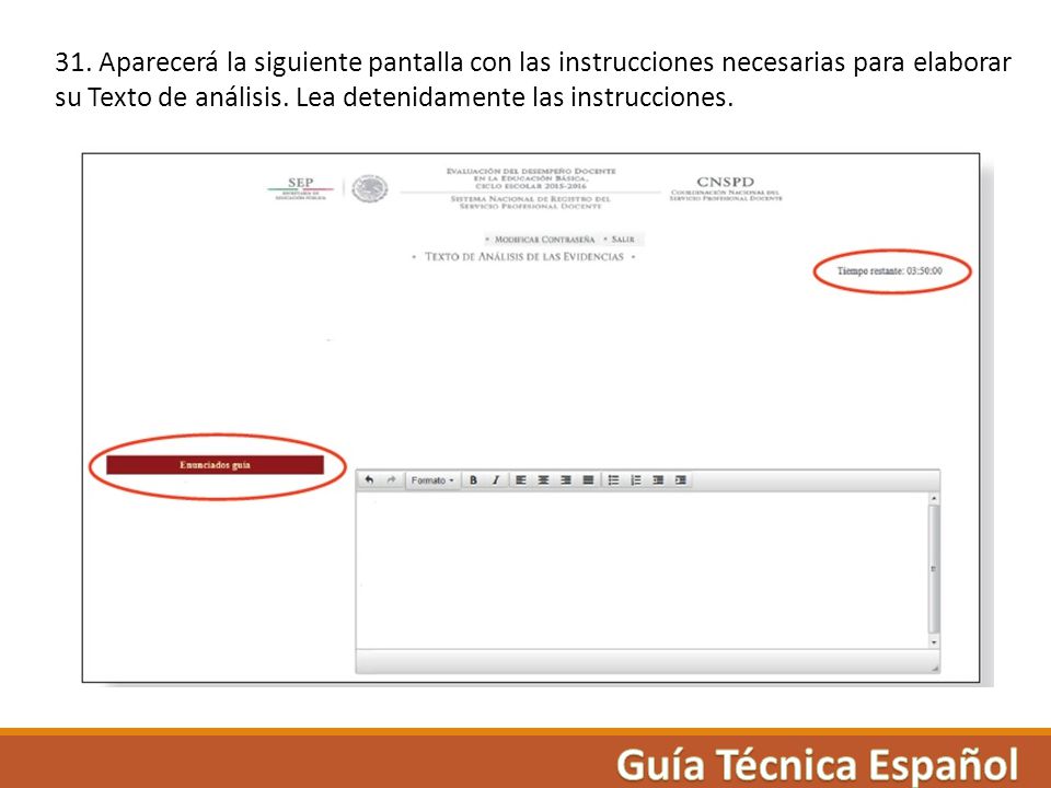 31. Aparecerá la siguiente pantalla con las instrucciones necesarias para elaborar su Texto de análisis. Lea detenidamente las instrucciones.