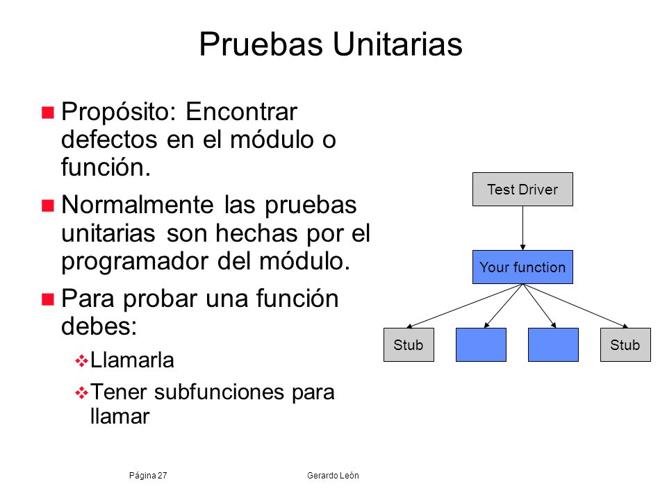 Pruebas Unitarias Propósito: Encontrar defectos en el módulo o función. Normalmente las pruebas unitarias son hechas por el programador del módulo.