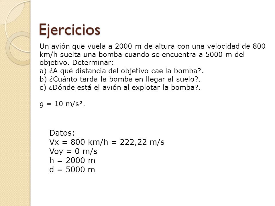 Ejercicios Datos: Vx = 800 km/h = 222,22 m/s Voy = 0 m/s h = 2000 m