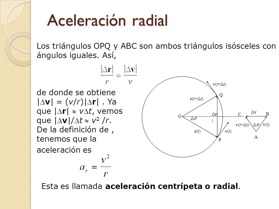 Aceleración radial Los triángulos OPQ y ABC son ambos triángulos isósceles con ángulos iguales. Así,