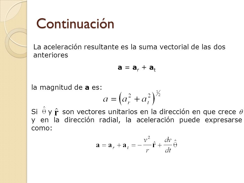 Continuación La aceleración resultante es la suma vectorial de las dos anteriores. a = ar + at. la magnitud de a es: