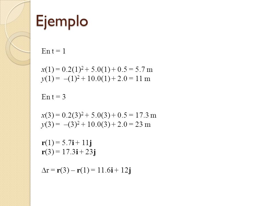Ejemplo En t = 1 x(1) = 0.2(1) (1) = 5.7 m