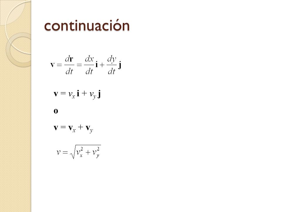 continuación v = vx i + vy j o v = vx + vy