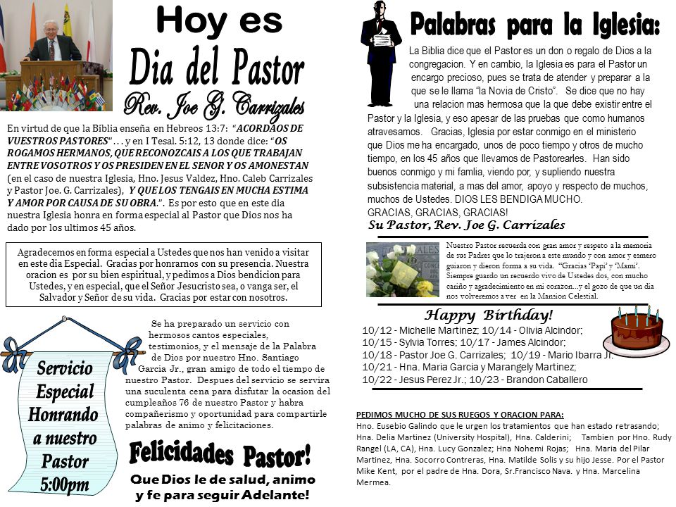 Palabras para la Iglesia: Dia del Pastor Rev. Joe G. Carrizales