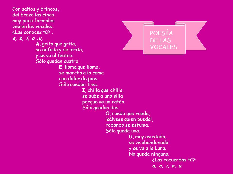 POESÍA DE LAS VOCALES Con saltos y brincos, del brazo las cinco,