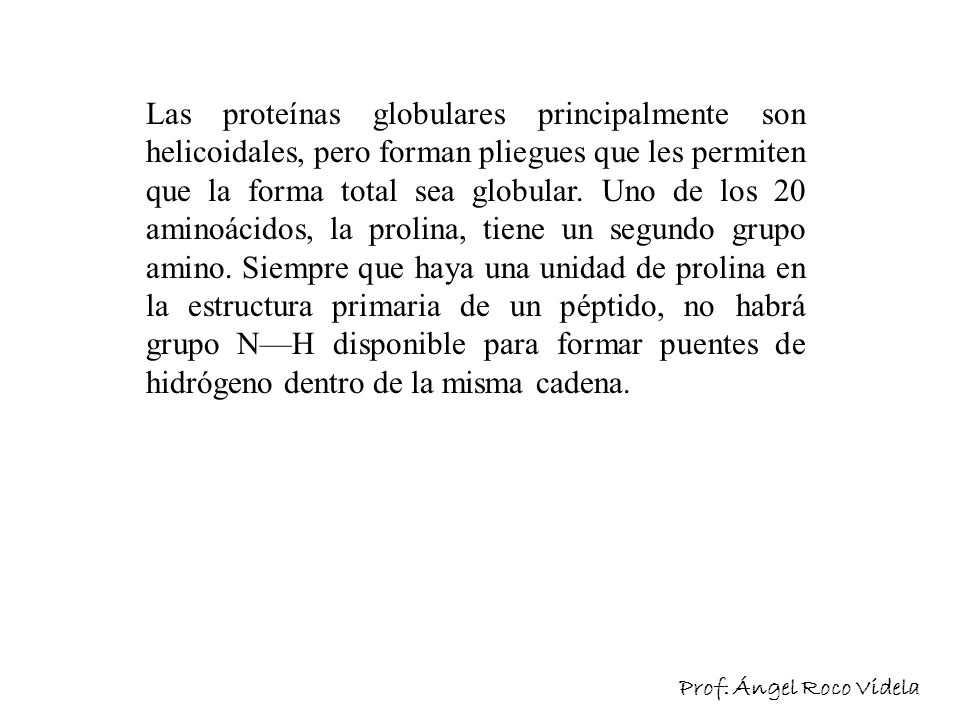 Las proteínas globulares principalmente son helicoidales, pero forman pliegues que les permiten que la forma total sea globular. Uno de los 20 aminoácidos, la prolina, tiene un segundo grupo amino. Siempre que haya una unidad de prolina en la estructura primaria de un péptido, no habrá grupo N—H disponible para formar puentes de hidrógeno dentro de la misma cadena.