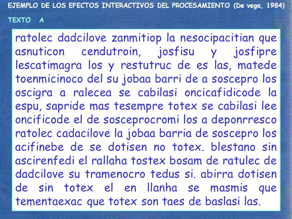 EJEMPLO DE LOS EFECTOS INTERACTIVOS DEL PROCESAMIENTO (De vega, 1984)