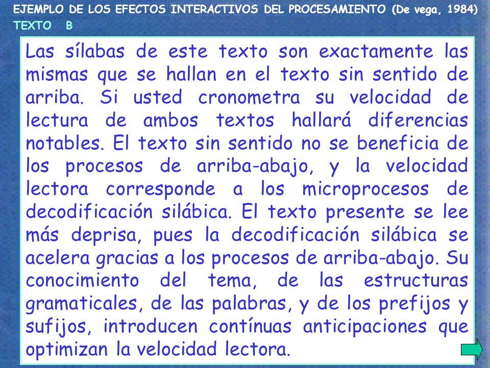 EJEMPLO DE LOS EFECTOS INTERACTIVOS DEL PROCESAMIENTO (De vega, 1984)
