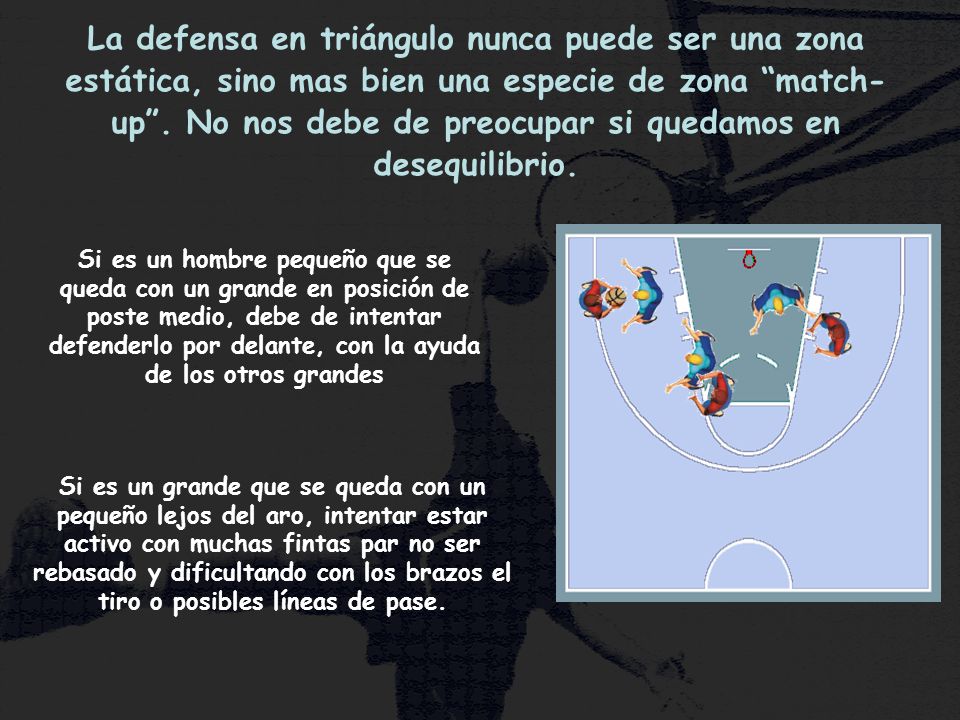 La defensa en triángulo nunca puede ser una zona estática, sino mas bien una especie de zona match-up . No nos debe de preocupar si quedamos en desequilibrio.