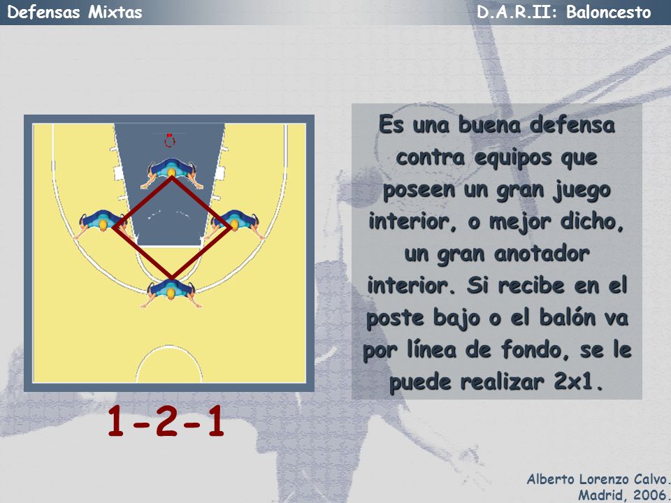 Es una buena defensa contra equipos que poseen un gran juego interior, o mejor dicho, un gran anotador interior. Si recibe en el poste bajo o el balón va por línea de fondo, se le puede realizar 2x1.