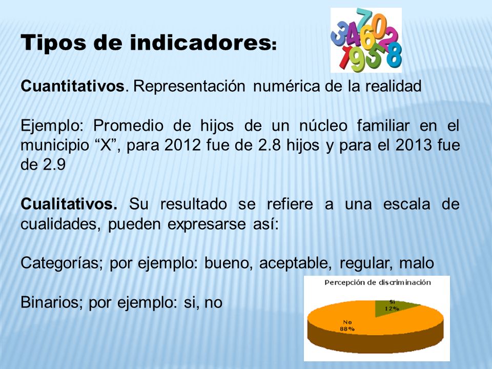 Tipos de indicadores: Cuantitativos. Representación numérica de la realidad.