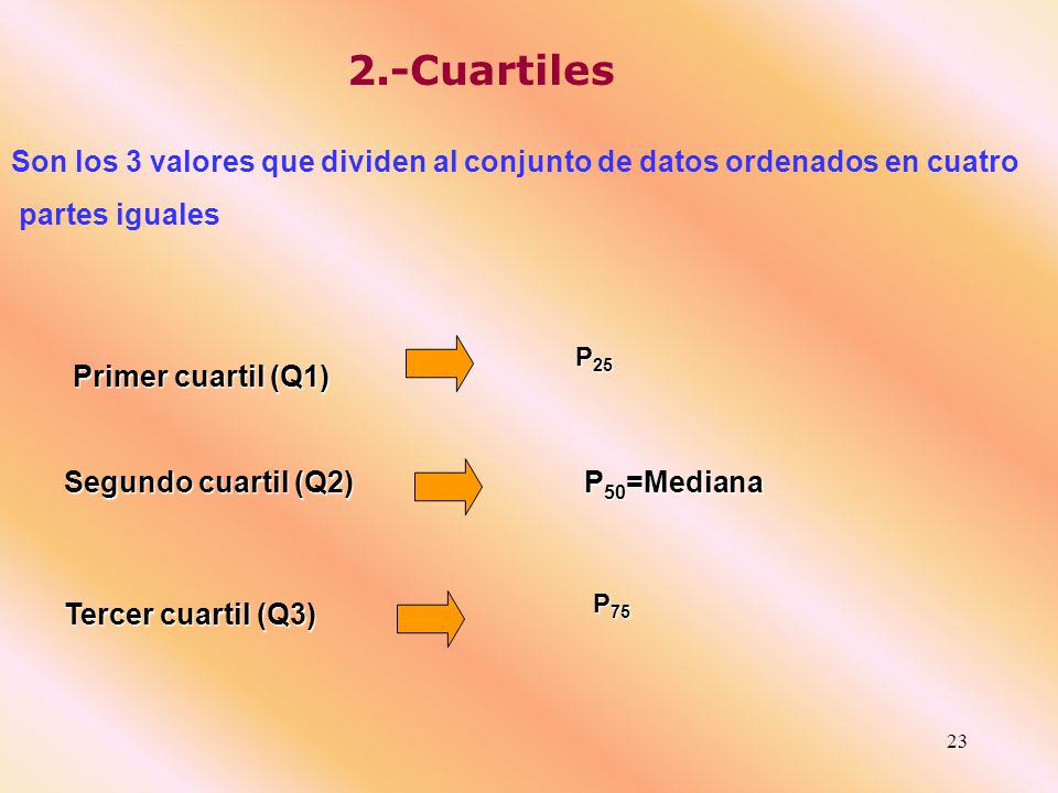 2.-Cuartiles Son los 3 valores que dividen al conjunto de datos ordenados en cuatro. partes iguales.