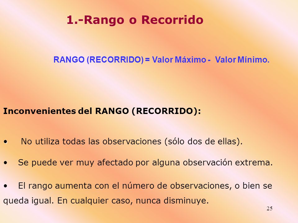 1.-Rango o Recorrido RANGO (RECORRIDO) = Valor Máximo - Valor Mínimo.