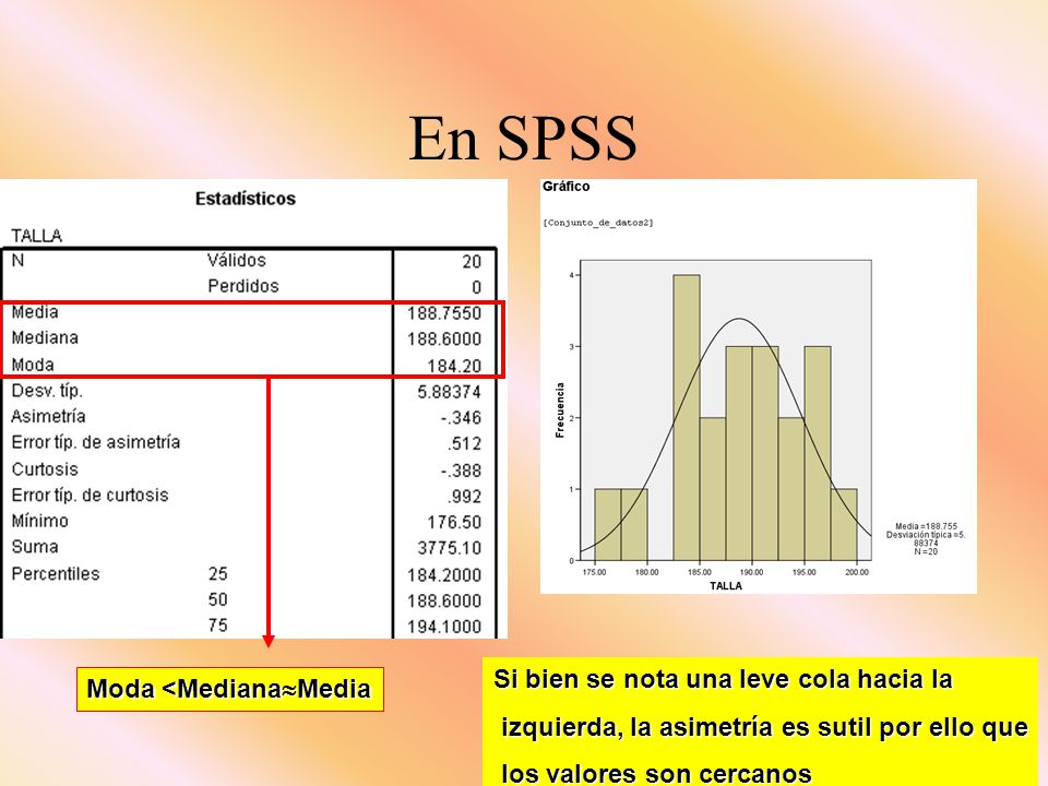 En SPSS Si bien se nota una leve cola hacia la Moda <MedianaMedia