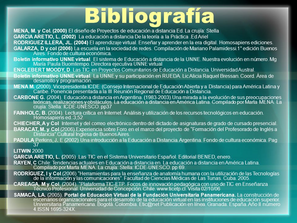 Bibliografía MENA, M. y Col. (2000) El diseño de Proyectos de educación a distancia Ed. La crujía: Stella.