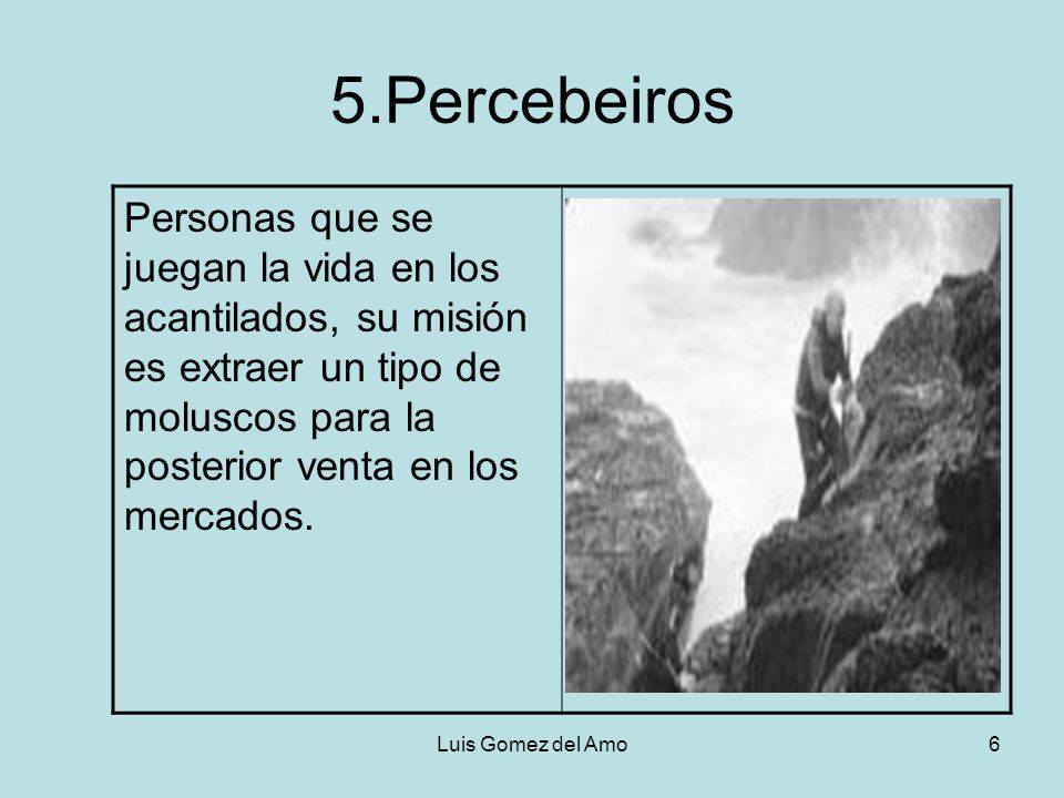 5.Percebeiros Personas que se juegan la vida en los acantilados, su misión es extraer un tipo de moluscos para la posterior venta en los mercados.
