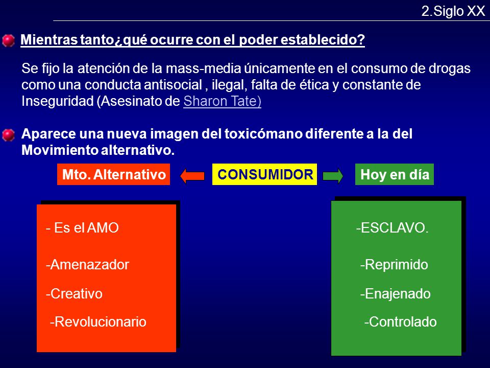 2.Siglo XX Mientras tanto¿qué ocurre con el poder establecido Se fijo la atención de la mass-media únicamente en el consumo de drogas.