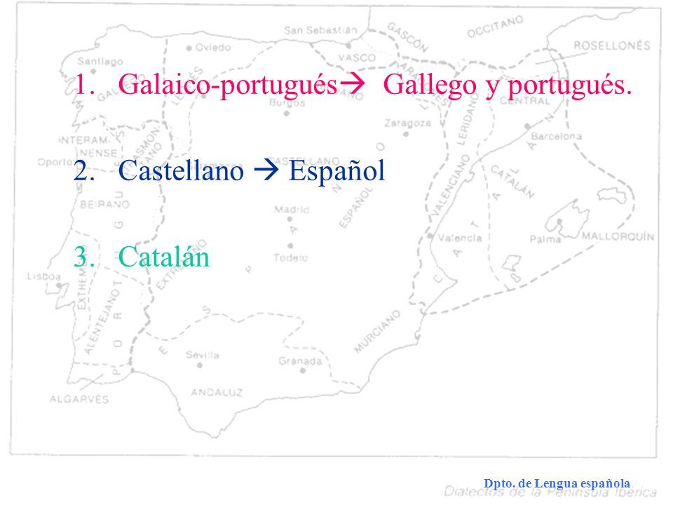 Galaico-portugués Gallego y portugués. Castellano  Español Catalán