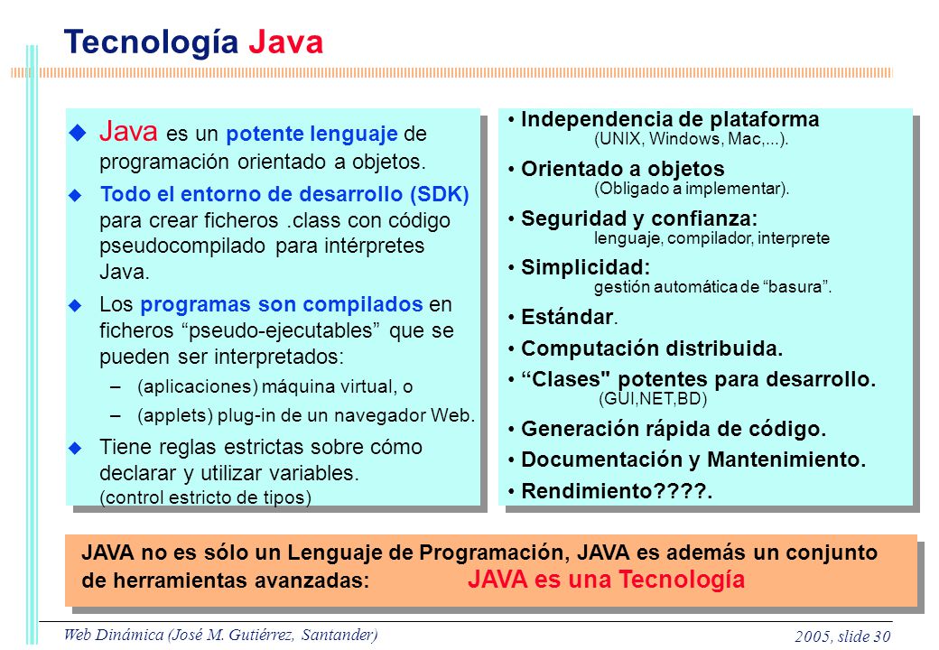 Tecnología Java Java es un potente lenguaje de programación orientado a objetos.