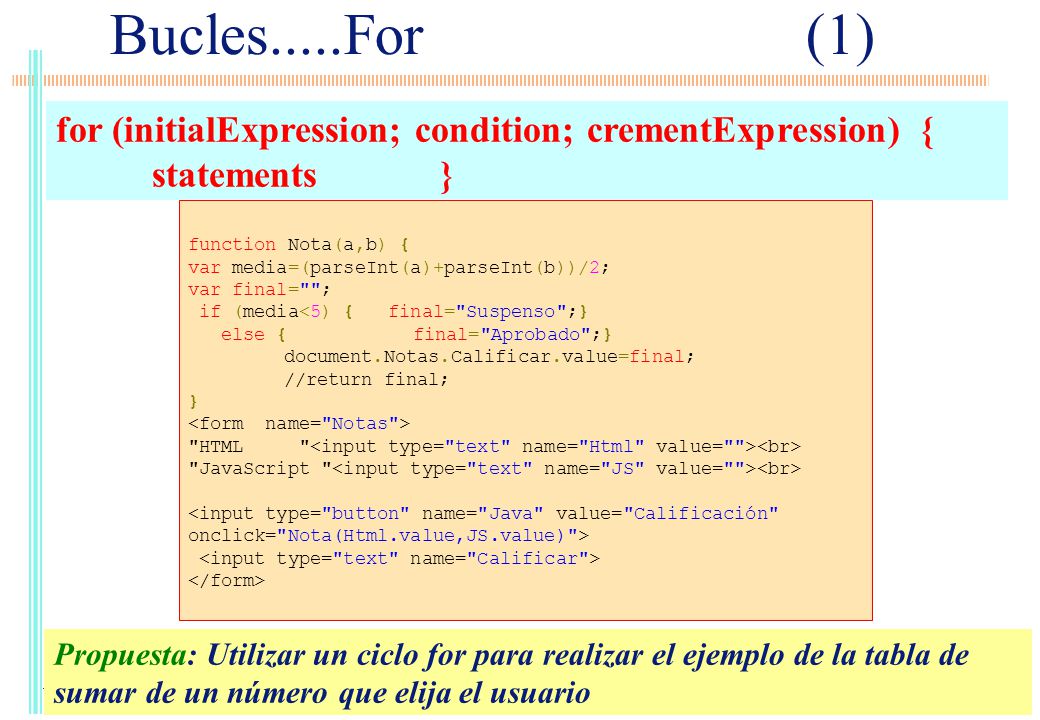 Bucles.....For (1) for (initialExpression; condition; crementExpression) { statements }