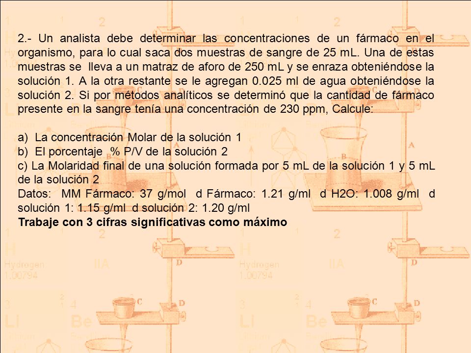 2.- Un analista debe determinar las concentraciones de un fármaco en el organismo, para lo cual saca dos muestras de sangre de 25 mL. Una de estas muestras se lleva a un matraz de aforo de 250 mL y se enraza obteniéndose la solución 1. A la otra restante se le agregan ml de agua obteniéndose la solución 2. Si por métodos analíticos se determinó que la cantidad de fármaco presente en la sangre tenía una concentración de 230 ppm, Calcule: