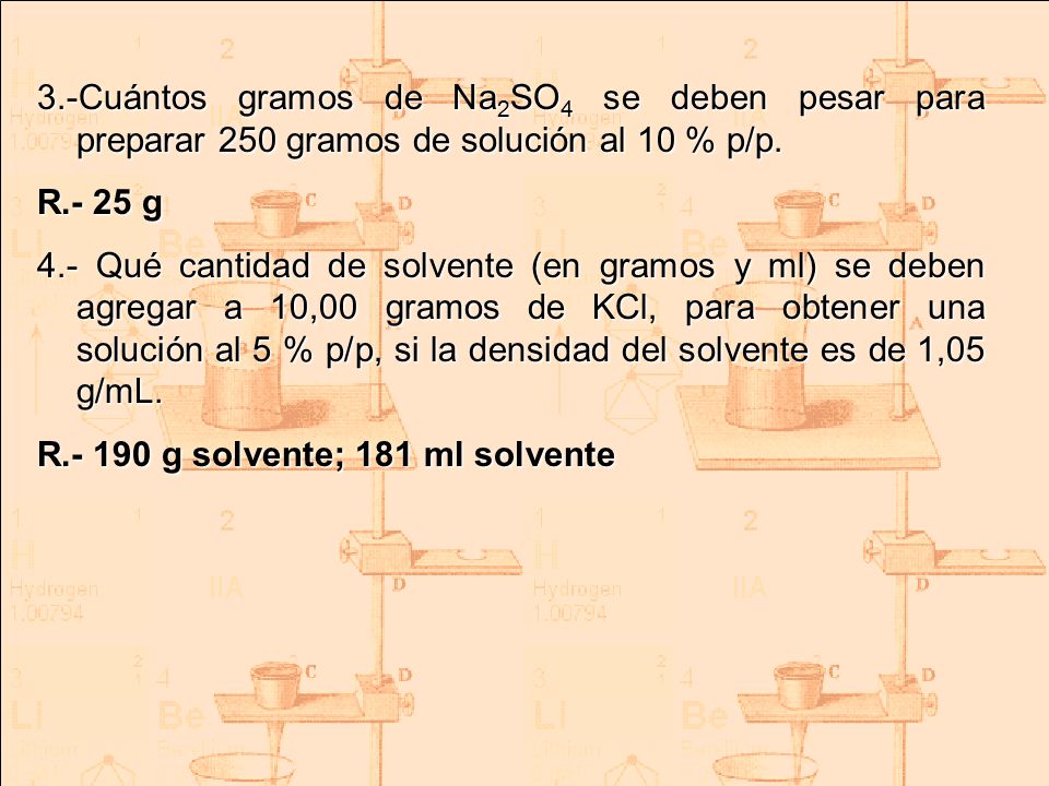3.-Cuántos gramos de Na2SO4 se deben pesar para preparar 250 gramos de solución al 10 % p/p.