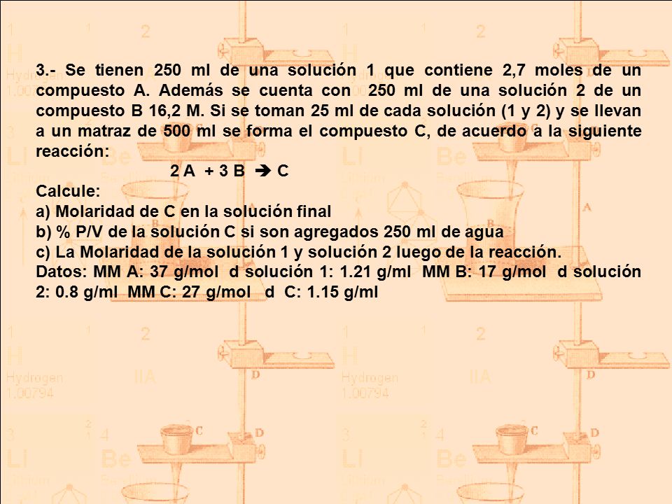 3.- Se tienen 250 ml de una solución 1 que contiene 2,7 moles de un compuesto A. Además se cuenta con 250 ml de una solución 2 de un compuesto B 16,2 M. Si se toman 25 ml de cada solución (1 y 2) y se llevan a un matraz de 500 ml se forma el compuesto C, de acuerdo a la siguiente reacción: