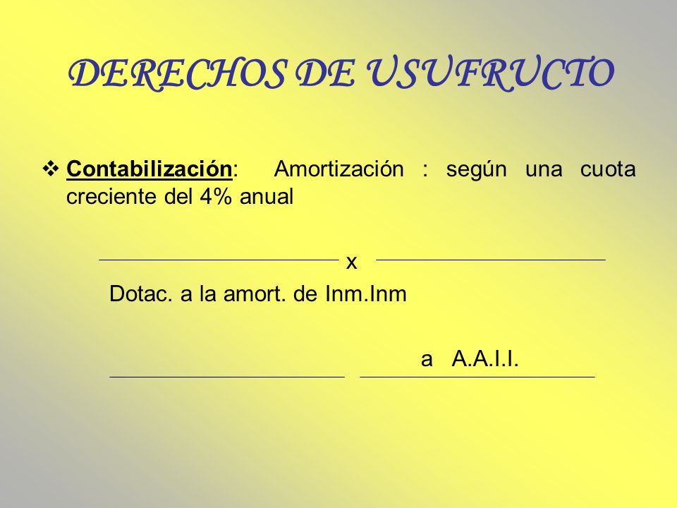 DERECHOS DE USUFRUCTO Contabilización: Amortización : según una cuota creciente del 4% anual. x. Dotac. a la amort. de Inm.Inm.